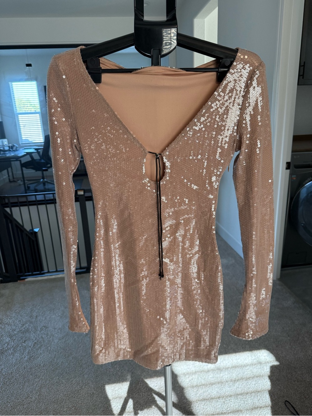 Sequin Long-Sleeve Mini Dress - Taupe